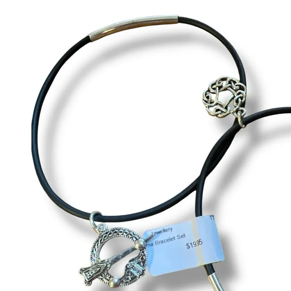 Set of Two Celtic-Inspired Black Jelly Bracelets with Silver Tone Charms
